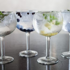 Spanish style Gin and Tonic with Bluecote + mint + thyme + fever tree at Sable Kitchen & Bar.